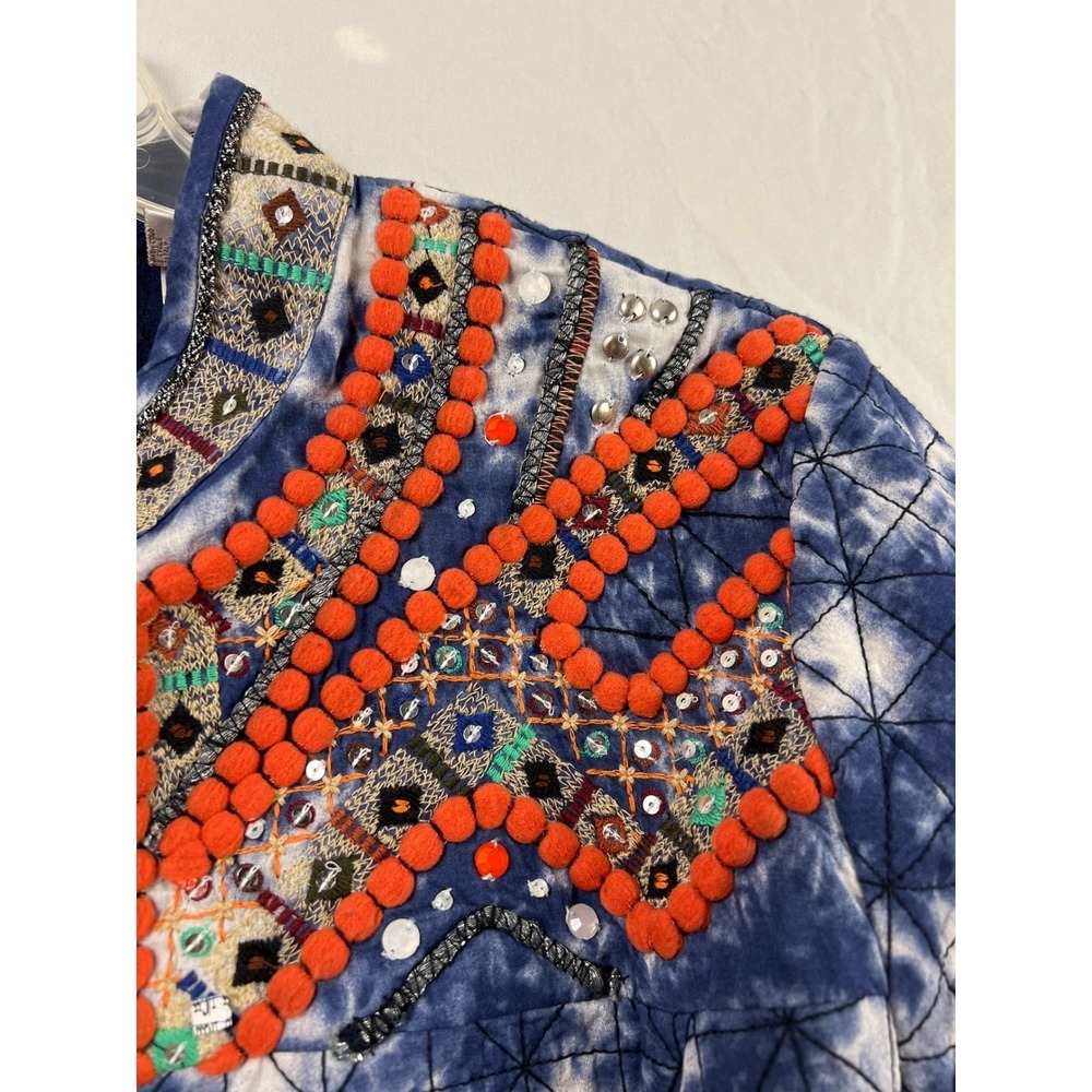 Chico's Quilted Jacket Womens 2 Lg Blue Tie Dye Embroidered Pom Pom Open Front - Picture 5 of 9